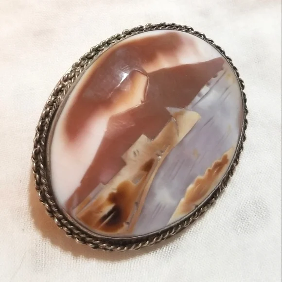 VTG SHELL CAMEO Mountains City Water Boat Scenery Pendant Brooch - Picture 6 of 7